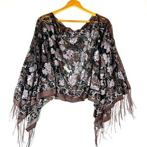 Burnout Rose Print Semi Sheer Shawl Wrap Poncho Top Whimsigoth